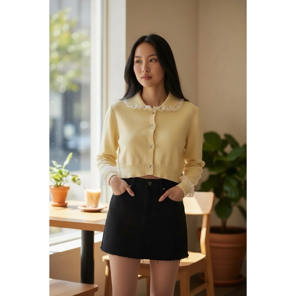 Cider Pale Yellow Lace-Trim Cropped Cardigan
